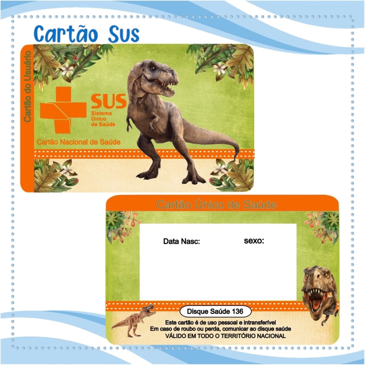 Cartão SUS Dinossauro Personalizado Arquivo Digital 1 Cartão SUS Dinossauro Personalizado Arquivo Digital