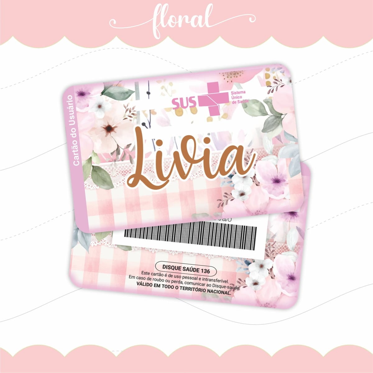 Cartão SUS Floral Rosa Personalizado Arquivo Digital 1 Cartão SUS Floral Rosa Personalizado Arquivo Digital