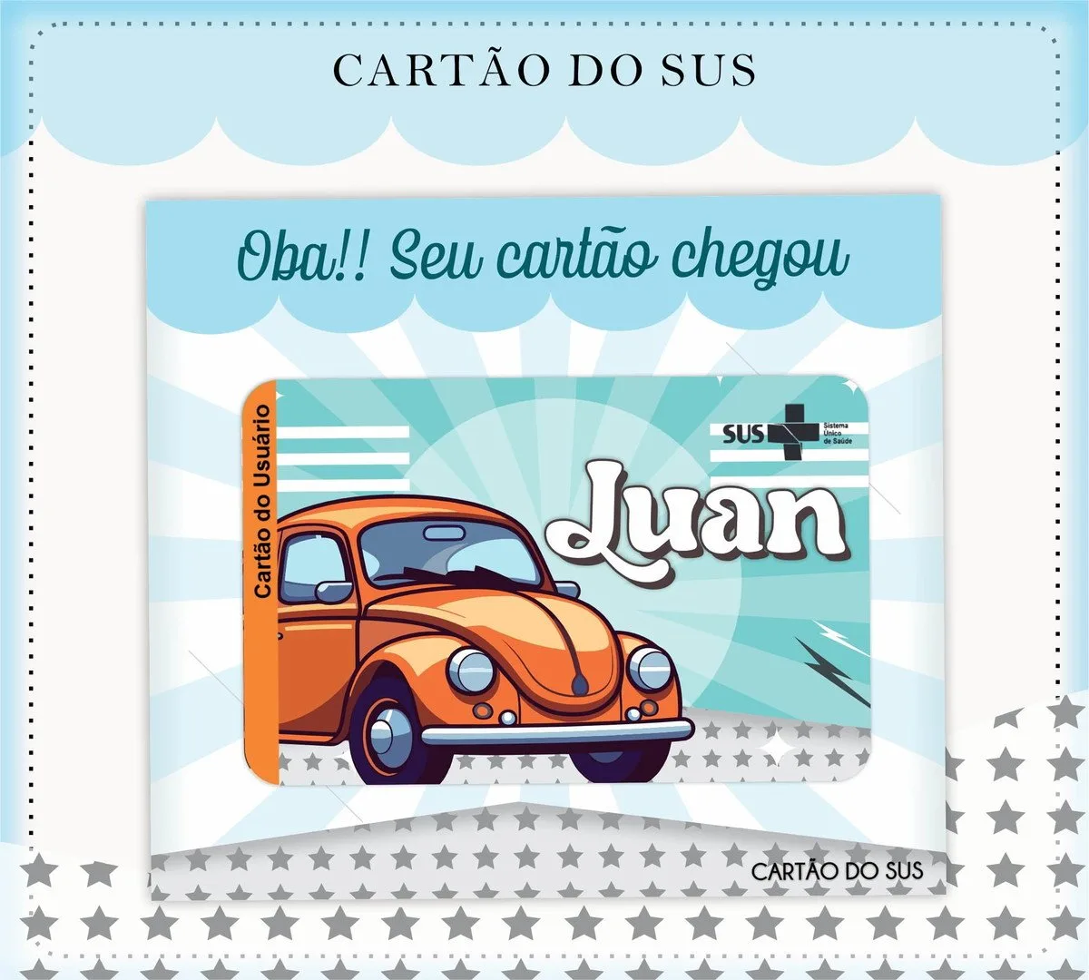 Arte digital de um cartão com tema de carro laranja antigo e texto.