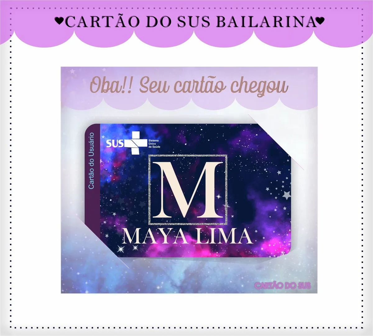 Cartão Sus Galáxia Menina 2 Arte digital de um cartão com tema espacial e letra em destaque.