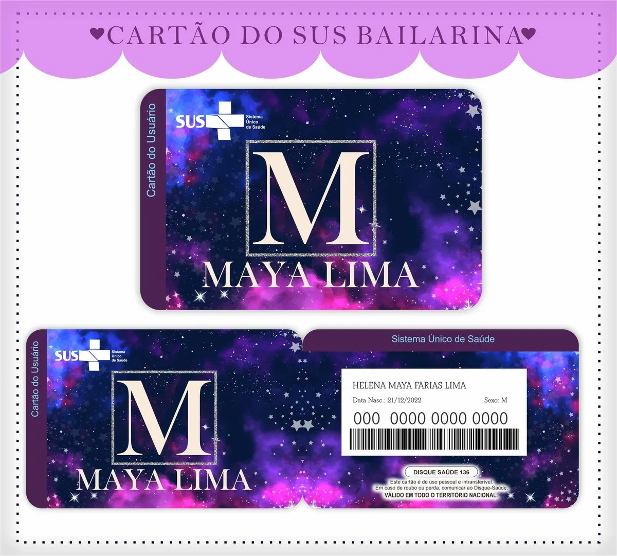 Cartão Sus Galáxia Menina 1 Arte digital de cartão personalizado com fundo roxo estrelado.
