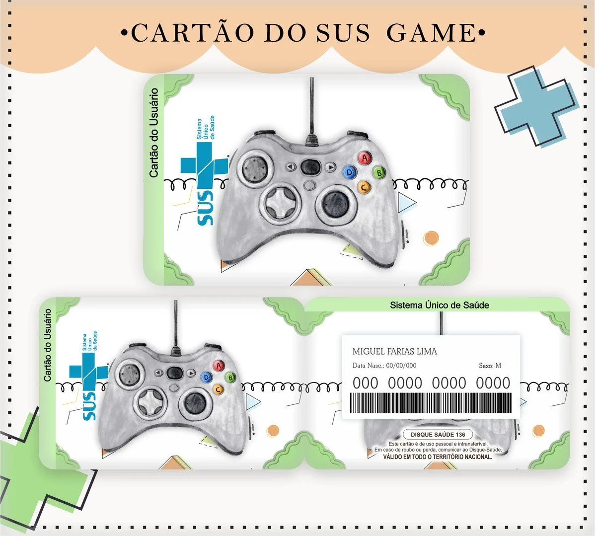 Design digital apresentando um cartão personalizado com desenho de um controle de videogame estilizado.