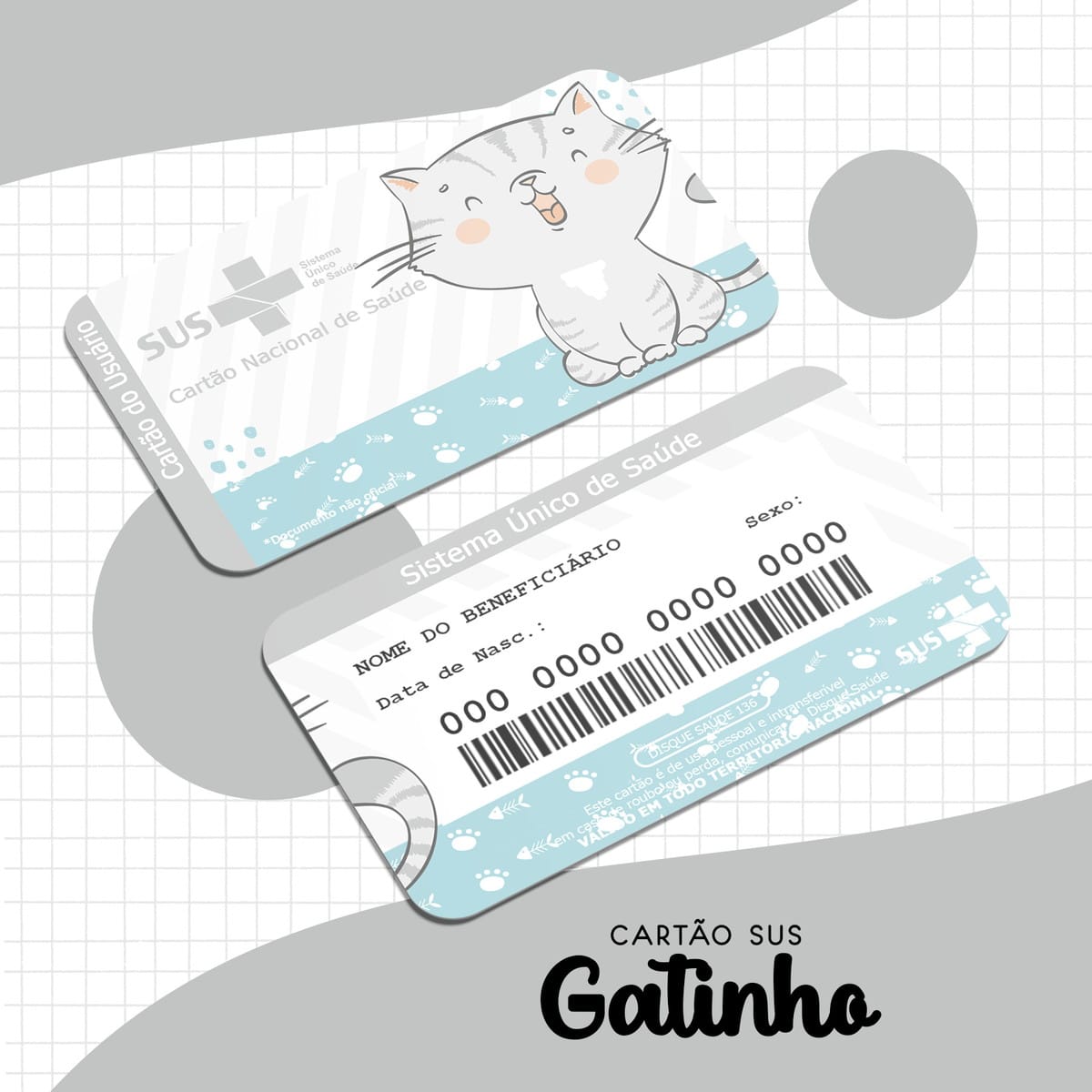 Cartão SUS Gatinho Menino Arquivo Digital Personalizável 1 Dois cartões de saúde com ilustração de gatinho sobre fundo quadriculado cinza.