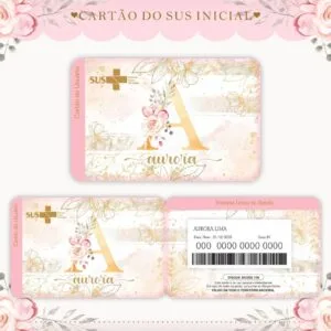 Cartão Sus Inicial Dourada Menina 12 Cartão de saúde personalizado com decoração floral, letras grandes e informações de usuário visíveis.