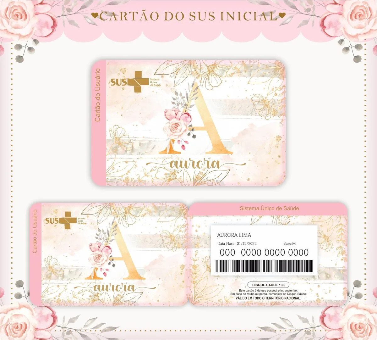 Cartão de saúde personalizado com decoração floral, letras grandes e informações de usuário visíveis.