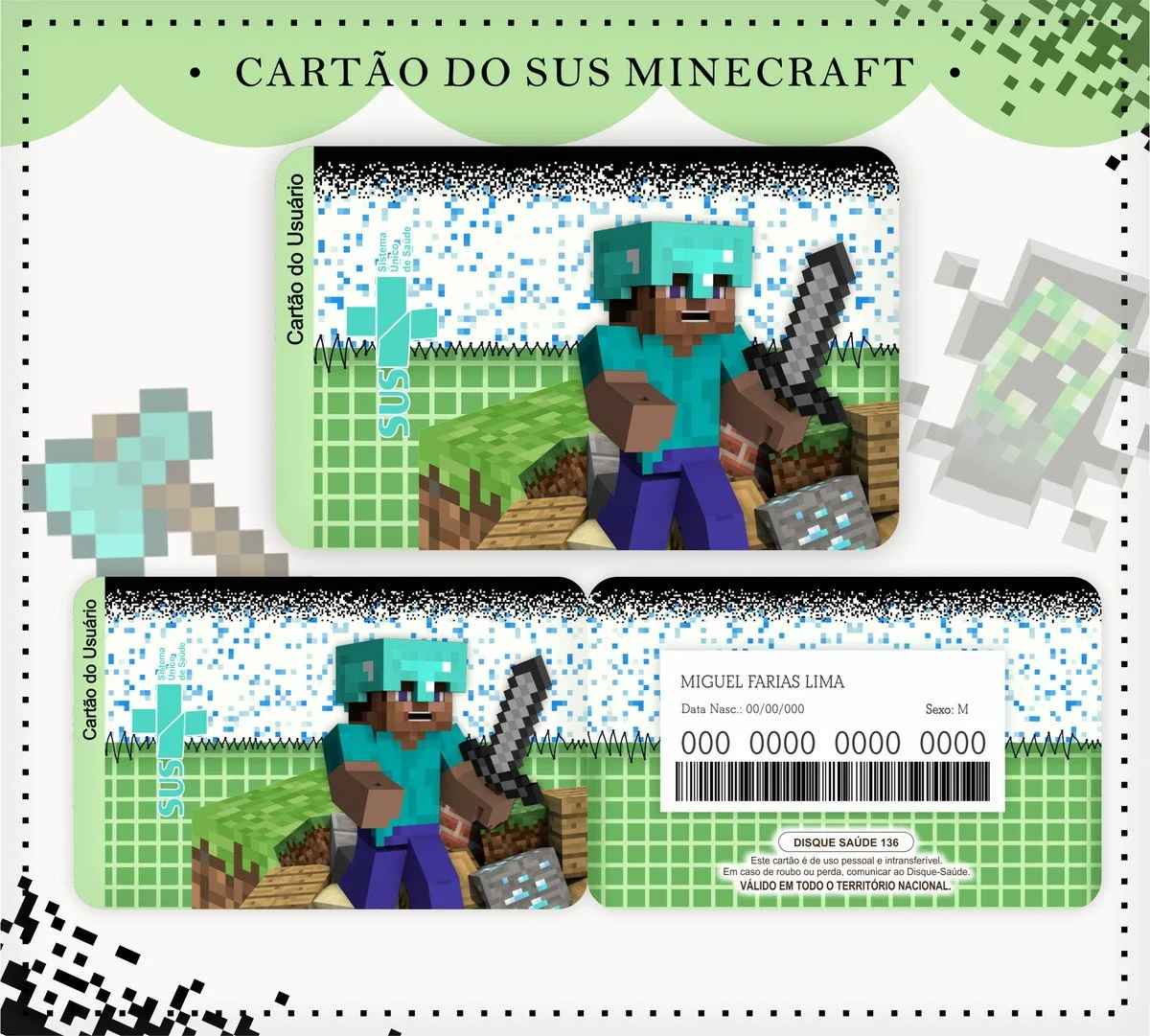 Cartão Sus Minecraft 1 Cartão personalizado inspirado em jogo de blocos com personagem segurando uma espada de metal.