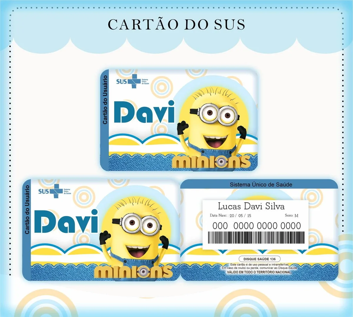 Cartão Sus Minions 1 Arte digital de cartões de saúde personalizados com tema de desenho animado.