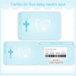 Cartão digital azul claro com tema de bebê e corações brancos impressos