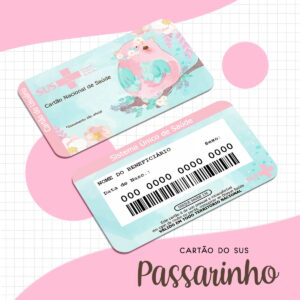 Dois cartões de saúde ilustrados com passarinho e flores sobre fundo quadriculado rosa