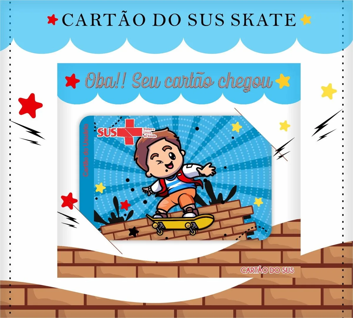 Cartão digital ilustrado com menino andando de skate sobre tijolos