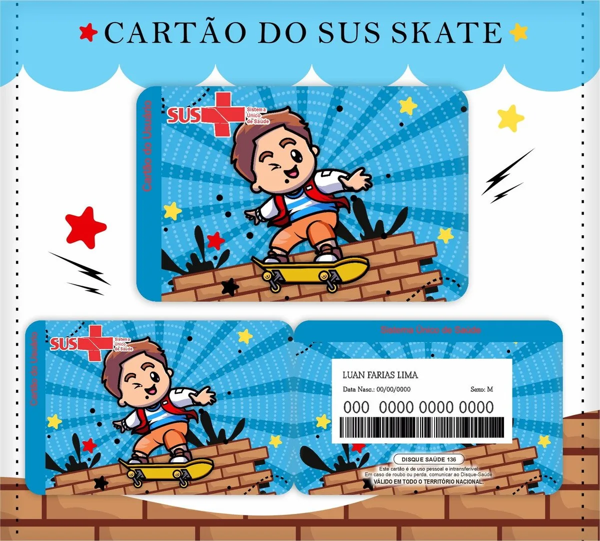 Arte digital de um cartão com tema infantil de um menino andando de skate.