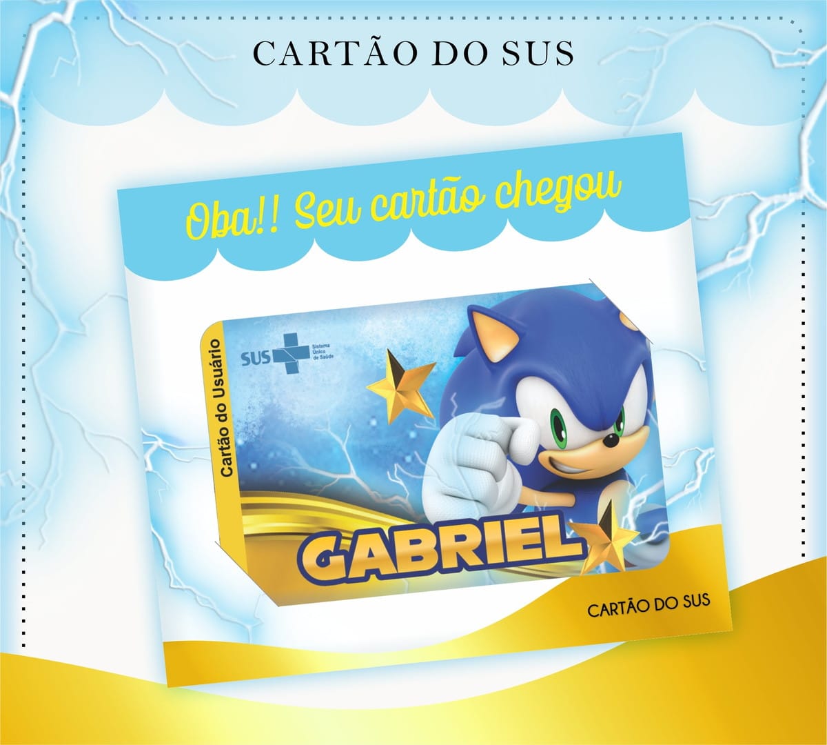 Cartão SUS Sonic Digital para Personalizar e Imprimir 2 Arte digital de um cartão personalizado com personagem azul e estrelas douradas.