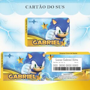 Cartão SUS Sonic Digital para Personalizar e Imprimir 6 Arte digital de cartões de saúde personalizados com tema azul e dourado.