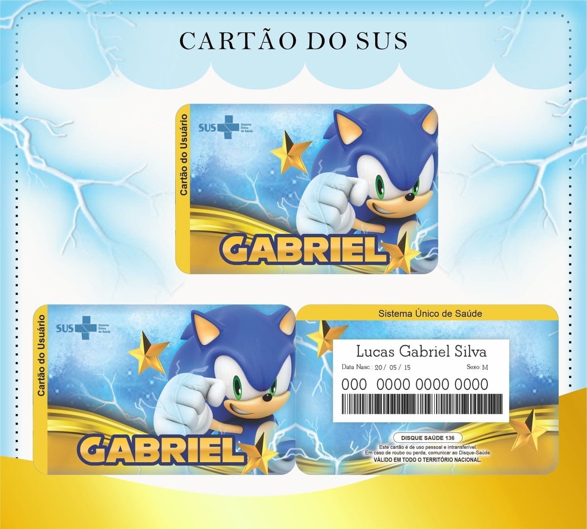 Cartão SUS Sonic Digital para Personalizar e Imprimir 1 Arte digital de cartões de saúde personalizados com tema azul e dourado.