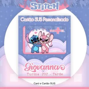 Cartão Sus Stitch 12 Cartão SUS personalizado com desenhos de personagens azuis e rosas sobre fundo azul.