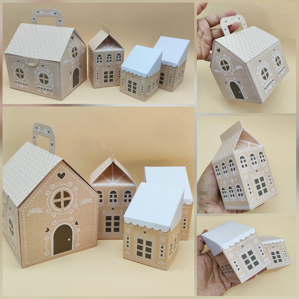 Casinha de Natal Gingerbread em PDF e Studio 1 Caixas de papel em formato de casa com detalhes decorativos brancos.