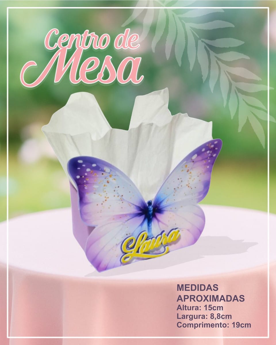 Centro de Mesa Borboleta Lilás Digital em PDF e Studio 1 Centro de mesa personalizado com estampa de borboleta lilás e guardanapo branco.
