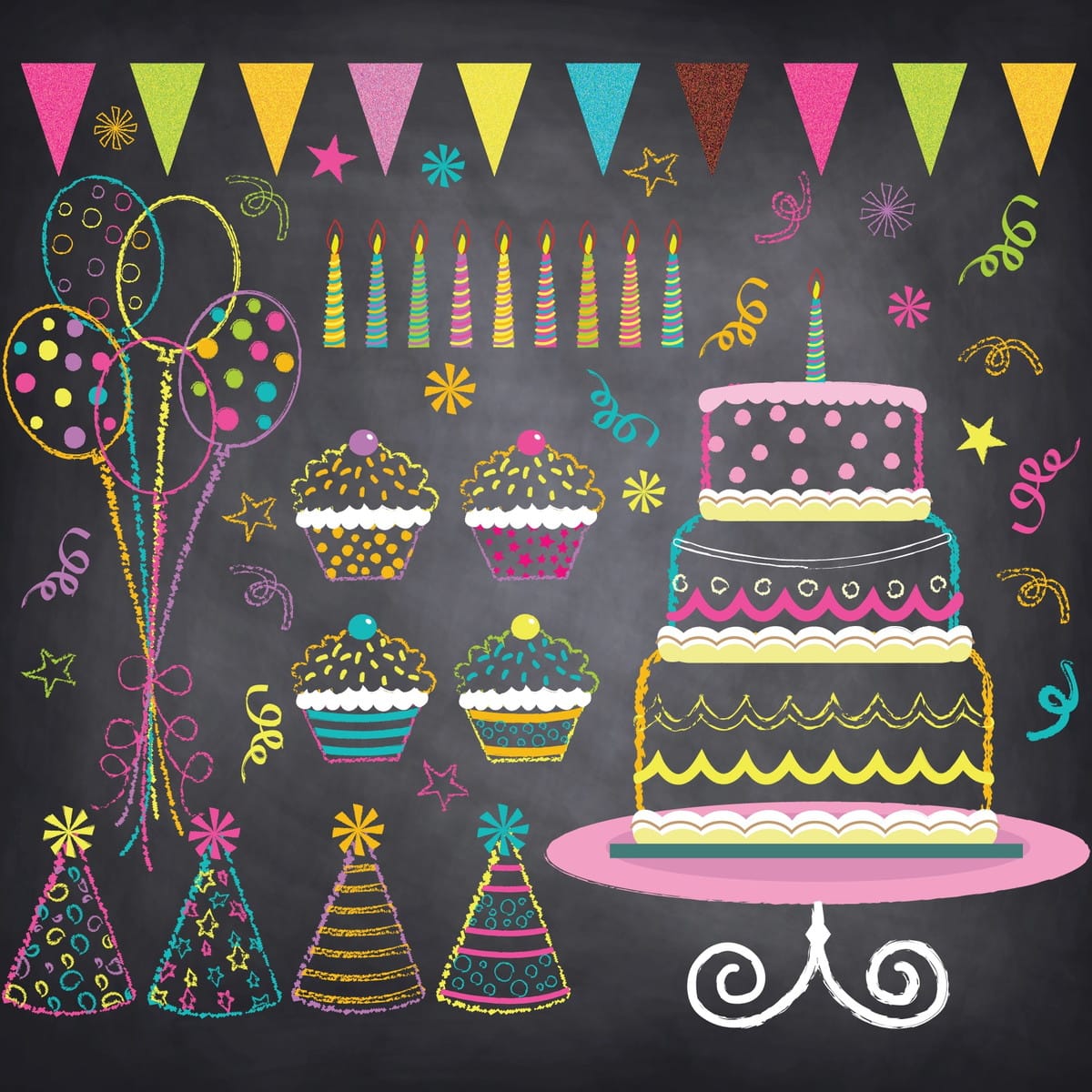 Kit Chalkboard Aniversário com 46 PNGs para Festa 1 Kit Chalkboard Aniversário com 46 PNGs para Festa