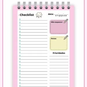 Agenda com checklist e espaços para notas em tons de rosa e amarelo pastel.