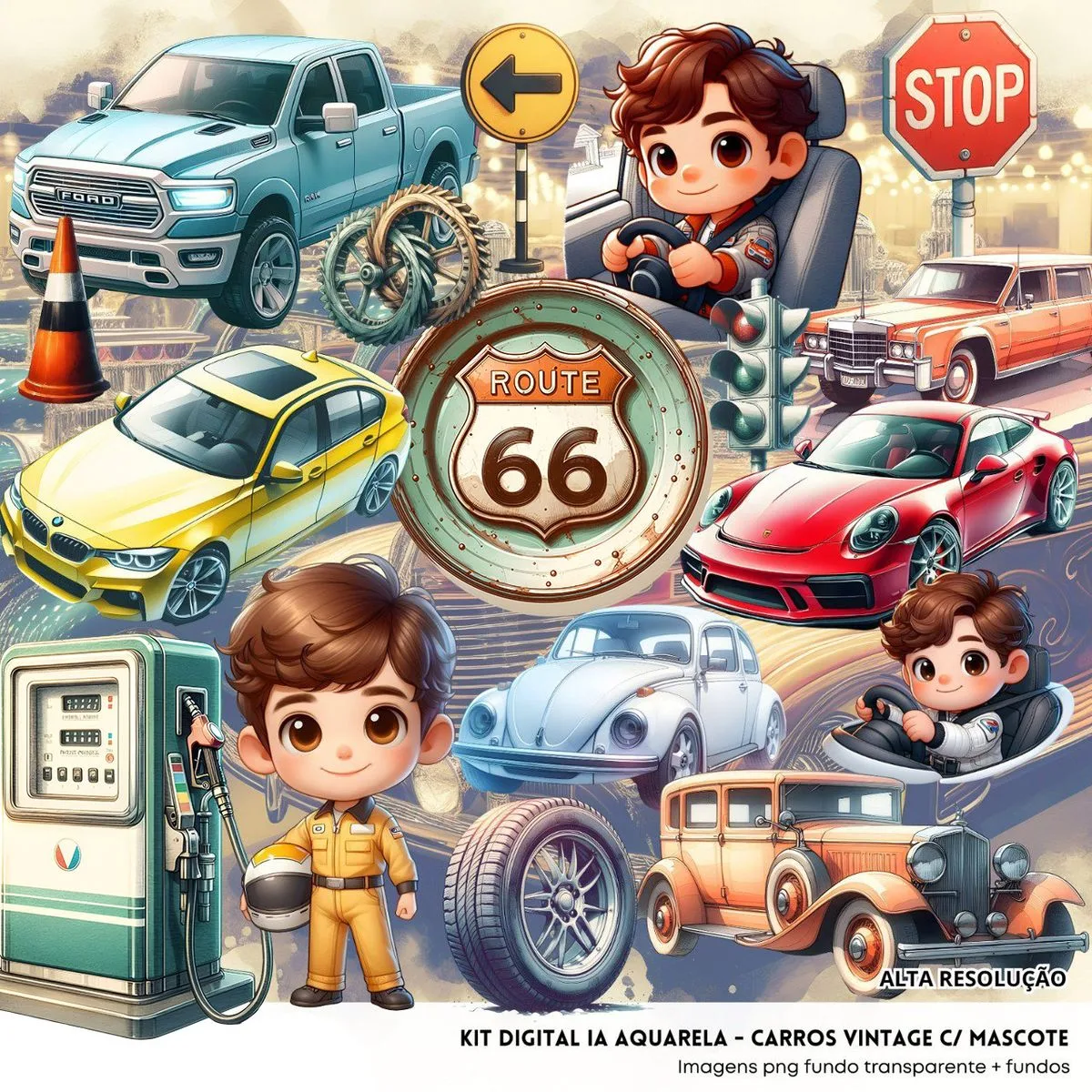 Cliparts Carros Vintage + Mascotinhos Imagens Png Retrô