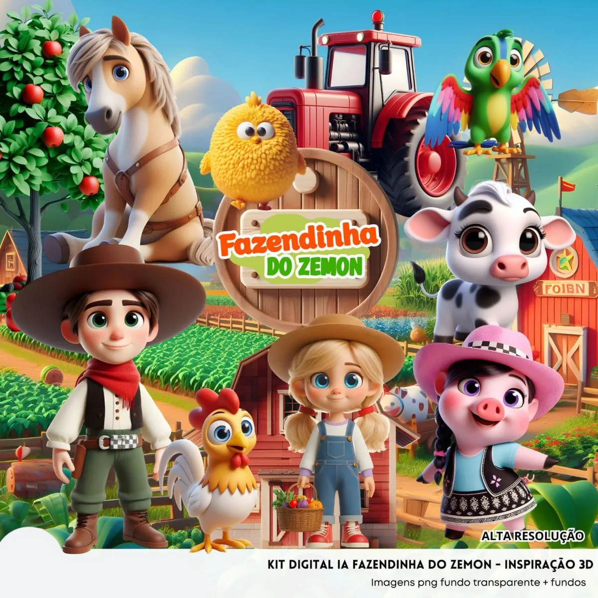 Cliparts Fazendinha do Zenon Imagens Png 3D Cute Baby 1 Ilustração 3D com personagens infantis, animais de fazenda, trator e celeiro.