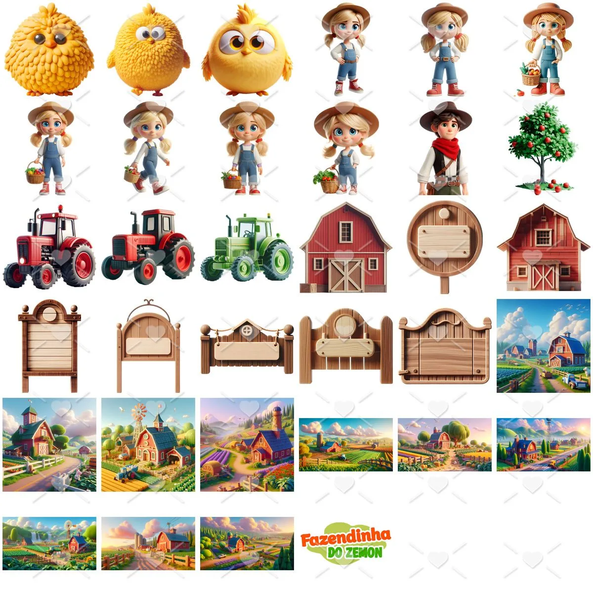 Cliparts Fazendinha do Zenon Imagens Png 3D Cute Baby 3 Ilustrações digitais de elementos de fazenda como pintinhos, agricultores, tratores, celeiros e paisagens.