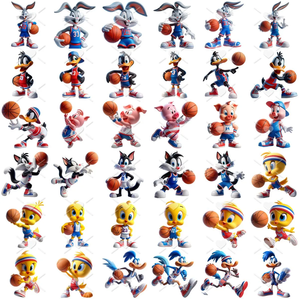 Cliparts Looney Tunes Basquete Imagens Png 3D Cute Baby 2 Vários desenhos de personagens clássicos vestidos de jogador de basquete segurando bolas de basquete.