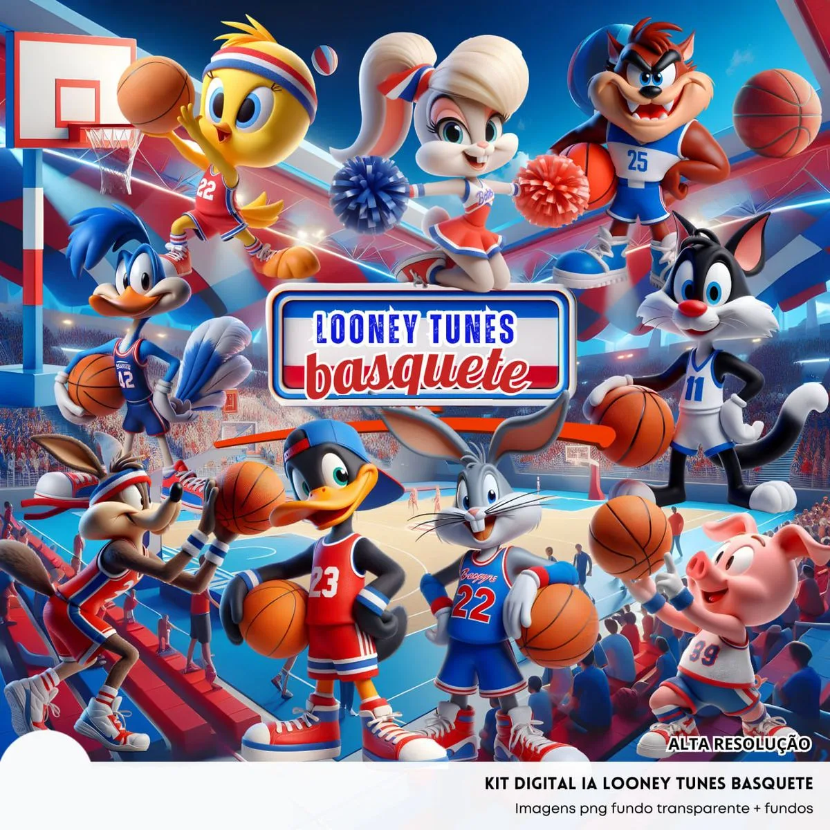 Cliparts Looney Tunes Basquete Imagens Png 3D Cute Baby 1 Personagens de desenhos animados jogando basquete em uma quadra colorida com torcida