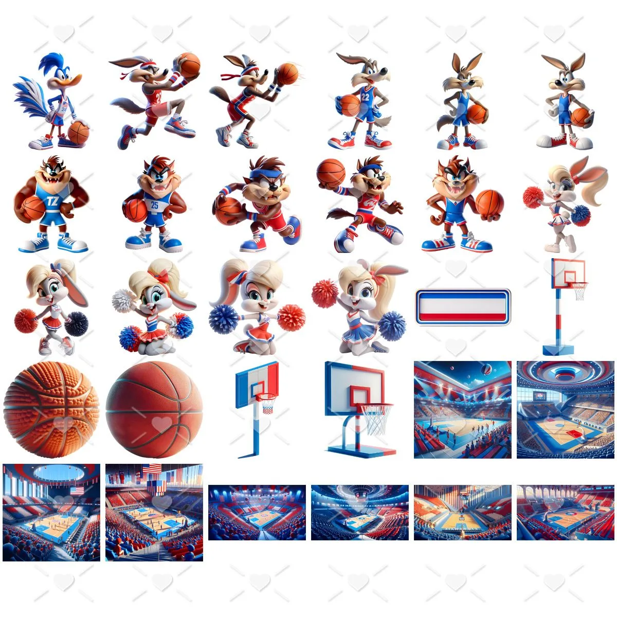Cliparts Looney Tunes Basquete Imagens Png 3D Cute Baby 3 Coleção de ilustrações digitais com personagens de desenhos animados jogando basquete e arenas esportivas