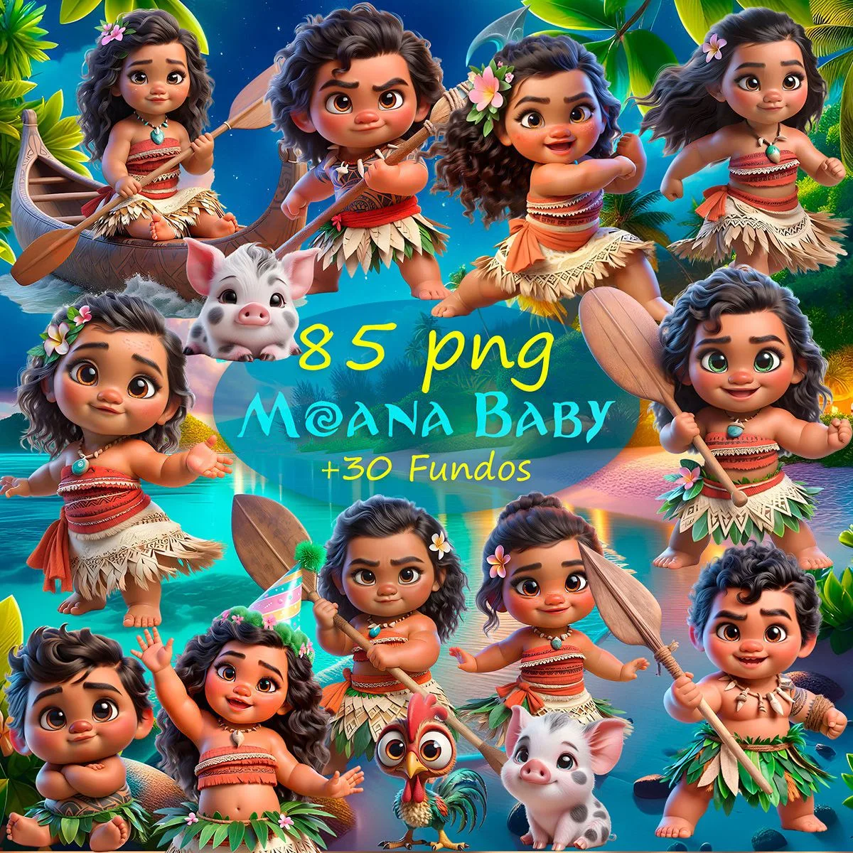 Cliparts Moana Baby Png Imagens 3D Cute Bebês + Fundos