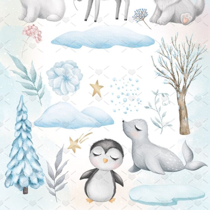 Cliparts Pack Animais Fofos Do Artico Neve Plantas Flores 5