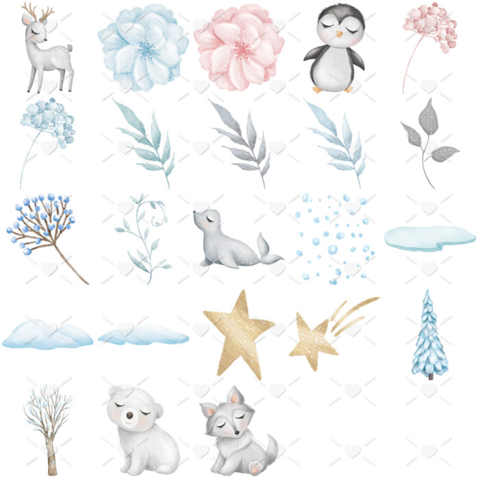 Cliparts Pack Animais Fofos do Ártico Neve Plantas Flores