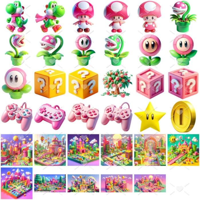 Cliparts Princesa Peach e Mário Imagens Png 3D Cute Baby