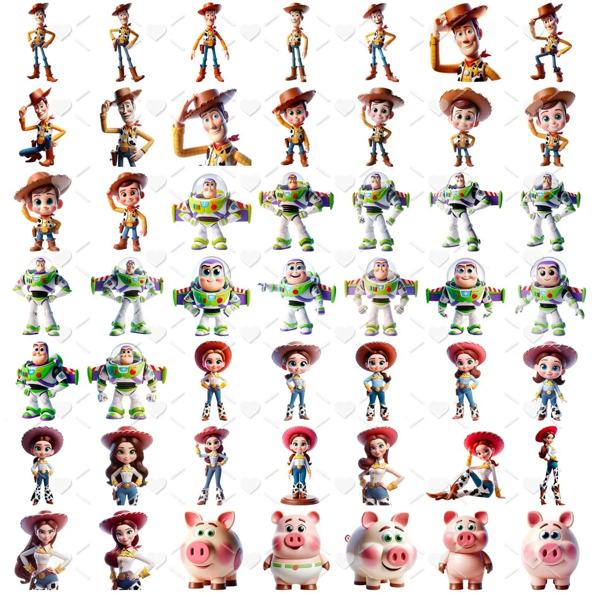 Coleção de imagens de personagens animados em diferentes poses em fundo branco.