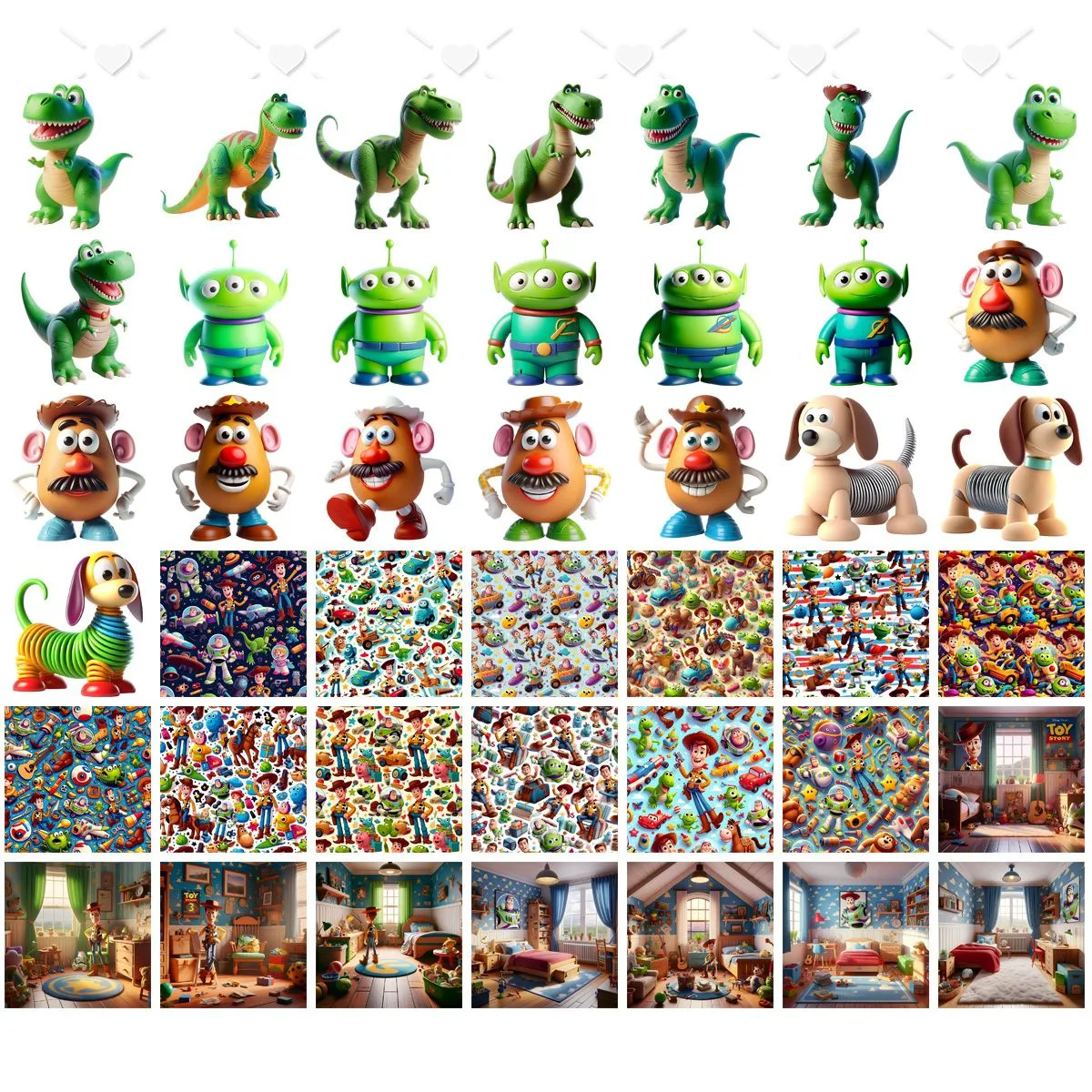 Coleção de imagens digitais com personagens e estampas variadas em fundo branco.