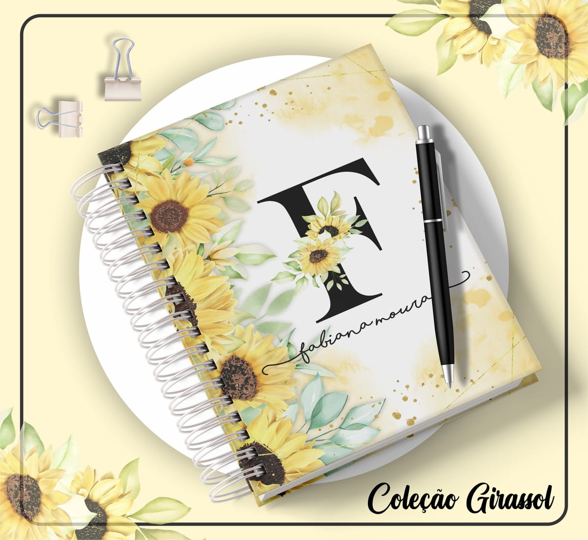 Coleção Agenda Girassol 2023 Digital para Personalizar 3 Caderno espiral decorado com girassóis amarelos e folhas verdes sobre fundo claro.