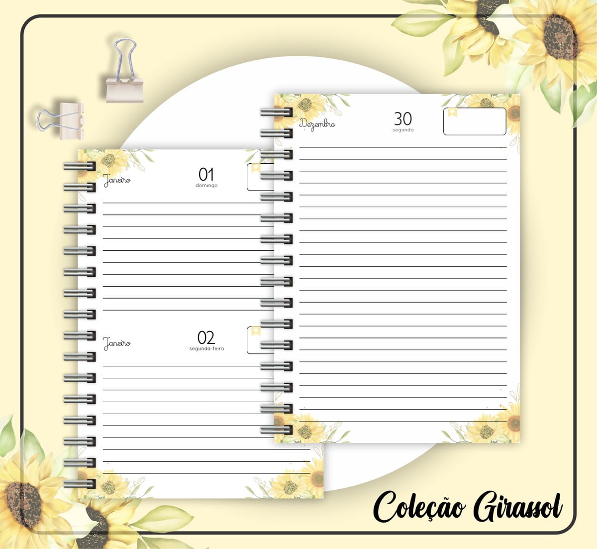 Coleção Agenda Girassol 2023 Digital para Personalizar 4 Cadernos espiralados decorados com estampas de girassóis sobre fundo amarelo suave.