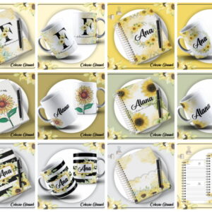 Coleção de itens personalizados com estampa de girassóis, incluindo cadernos e canecas.