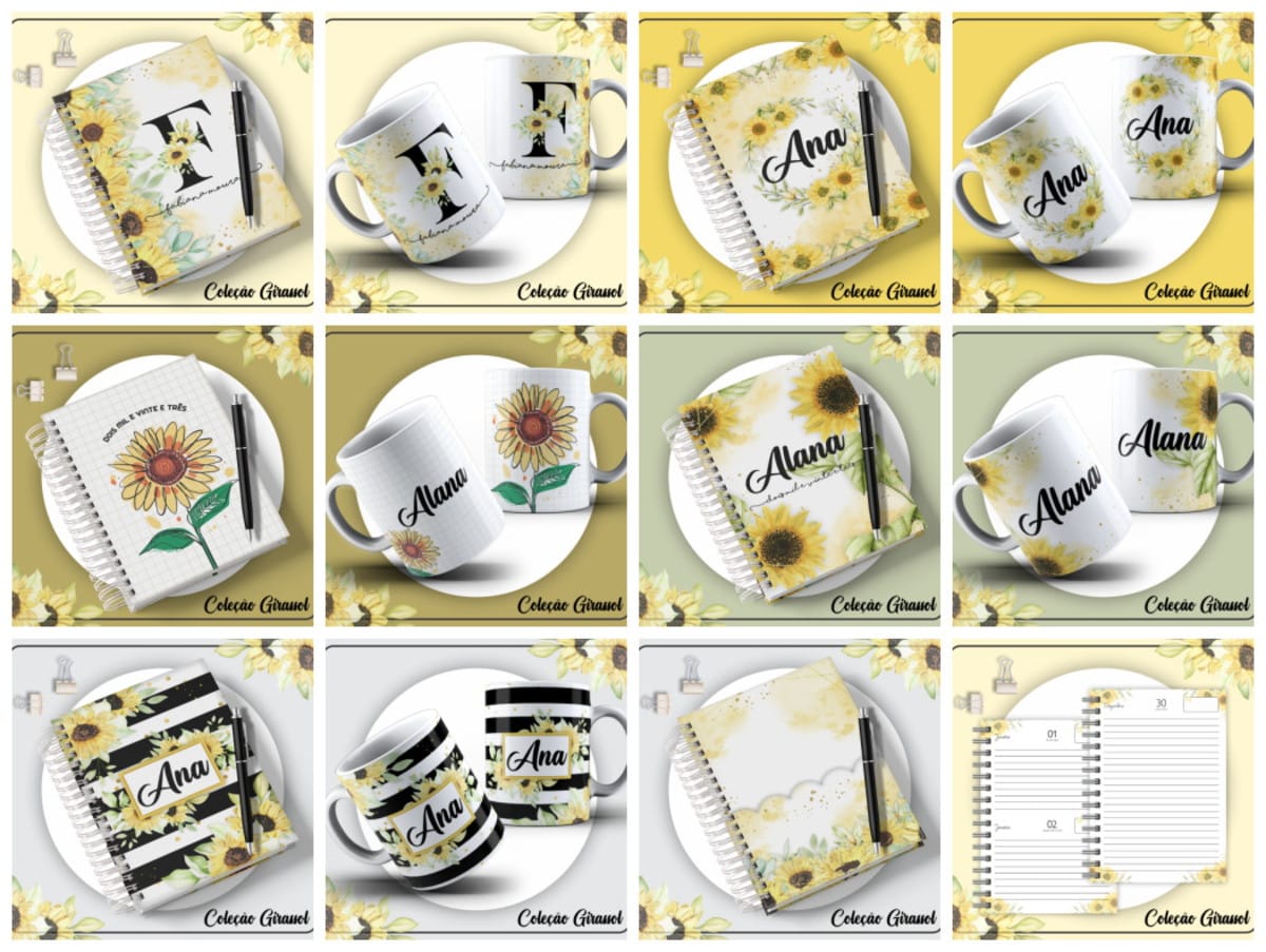 Coleção Agenda Girassol 2023 Digital para Personalizar 1 Coleção de itens personalizados com estampa de girassóis, incluindo cadernos e canecas.