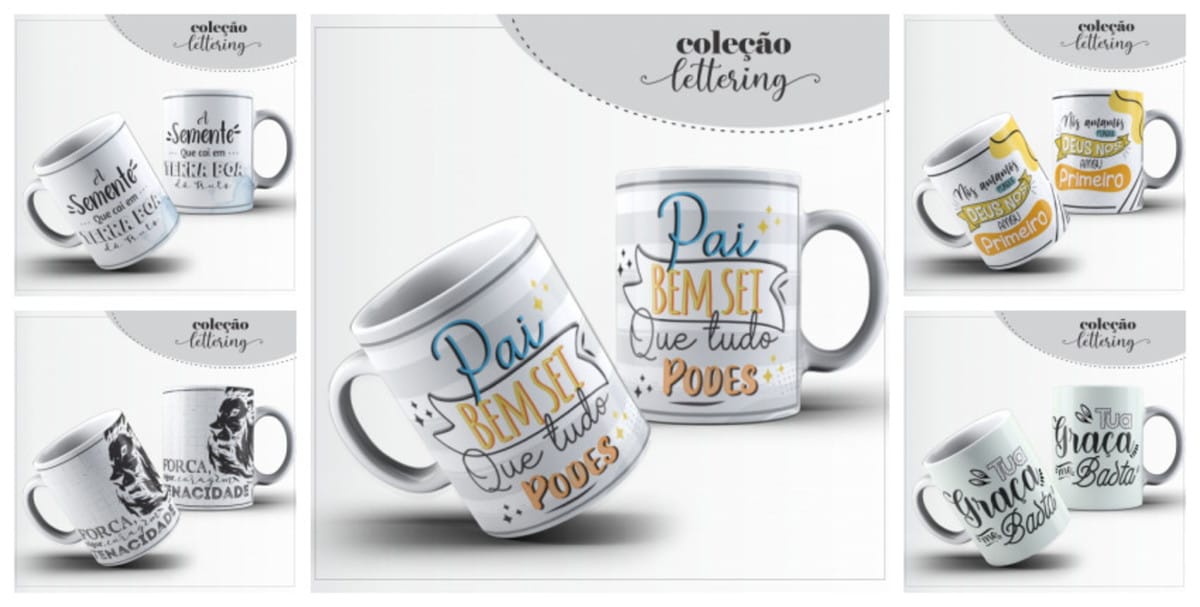 Kit Agenda Lettering Masculina com Artes Editáveis 2 Arte digital de canecas com designs de lettering variados, parte de uma coleção.