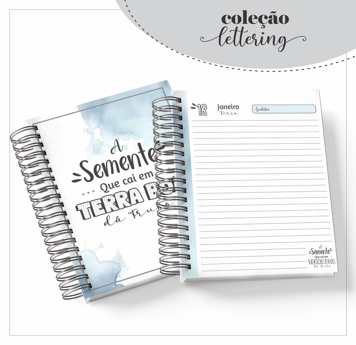 Kit Agenda Lettering Masculina com Artes Editáveis 3 Dois cadernos espirais digitais, um com capa azul e frase, outro aberto em página de diário.