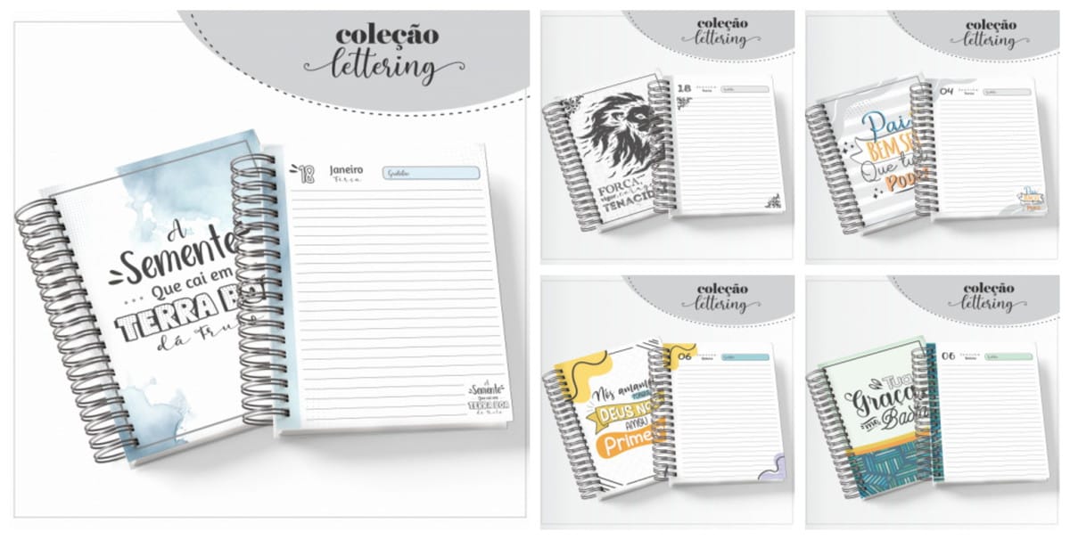 Kit Agenda Lettering Masculina com Artes Editáveis 1 Arte digital de cadernos espirais abertos com designs de lettering e frases inspiradoras.