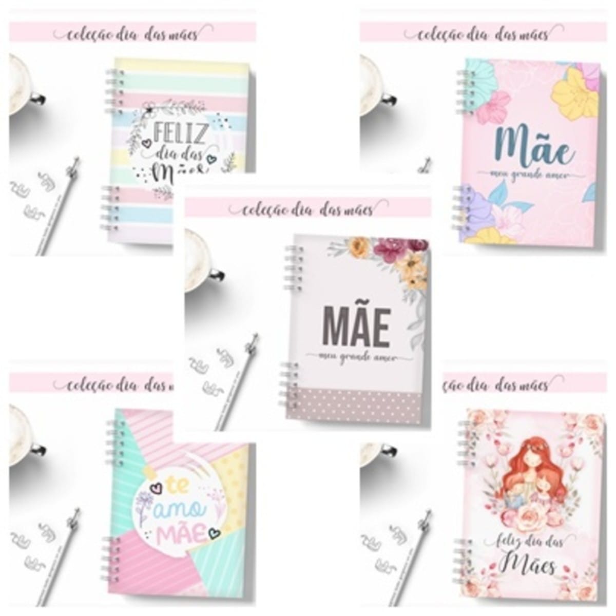 Coleção Dia das Mães Devocional para Cadernos 2 Apresentação em grade com cinco capas de cadernos espiralados decorados com temas florais e dedicatórias.