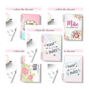 Coleção de capas de cadernos espiralados com temas delicados e femininos.