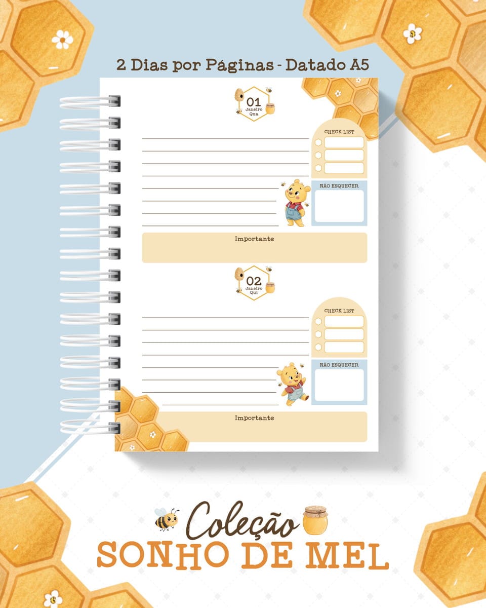 Coleção Escolar Pooh Arquivos para Encadernação Criativa 4 Caderno espiral aberto com páginas datadas, decorado com tema de urso e abelhas.