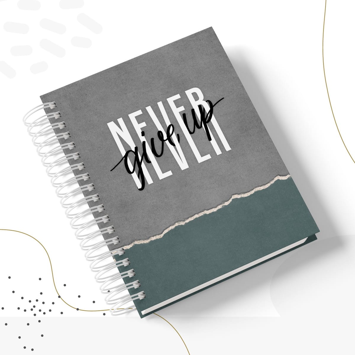 Coleção Masculina Neutra Arquivo Digital de Papelaria 2 Caderno espiral com capa cinza e teal, texto 'NEVER give up', design rasgado.