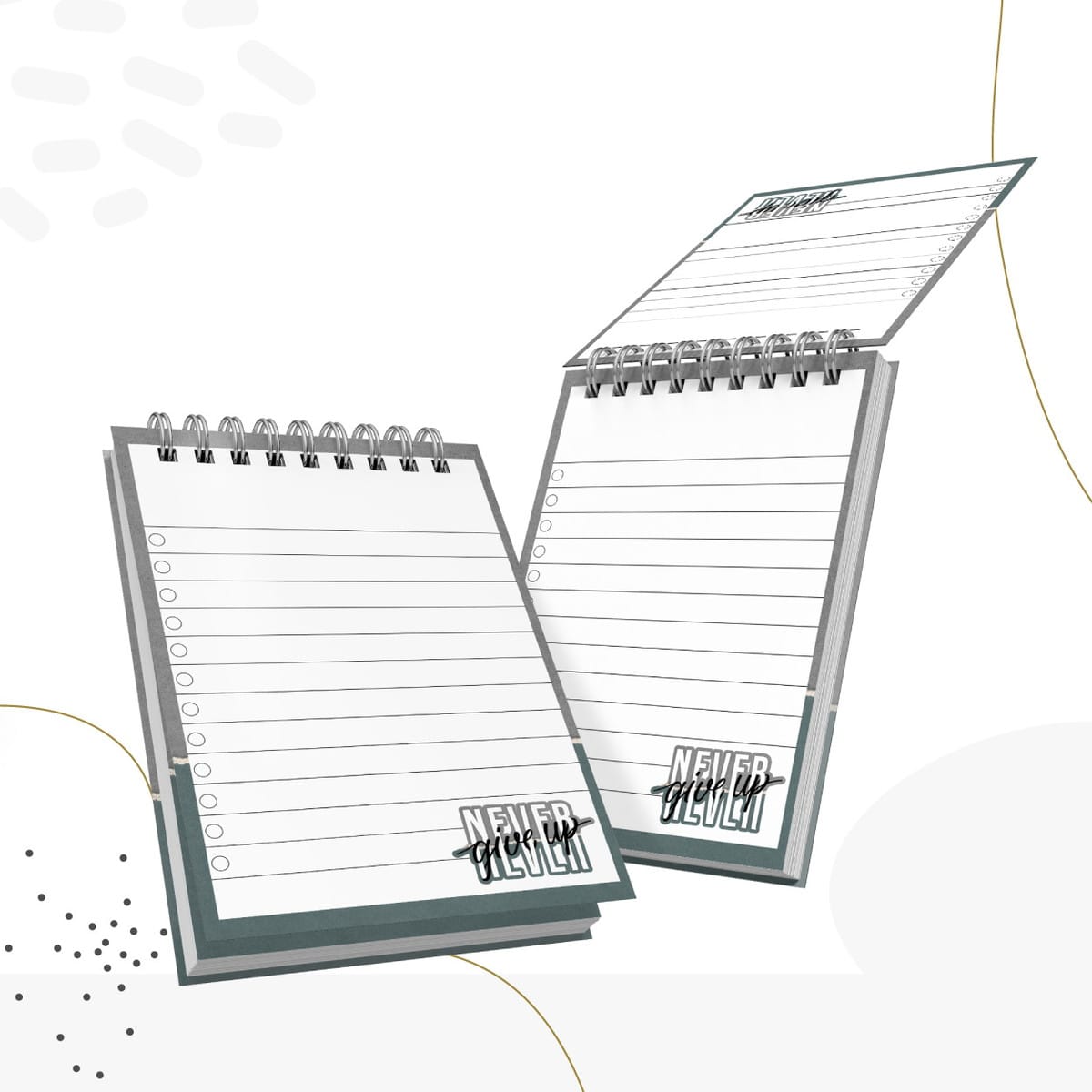 Coleção Masculina Neutra Arquivo Digital de Papelaria 3 Dois cadernos digitais abertos com espiral, páginas pautadas e frase motivacional.