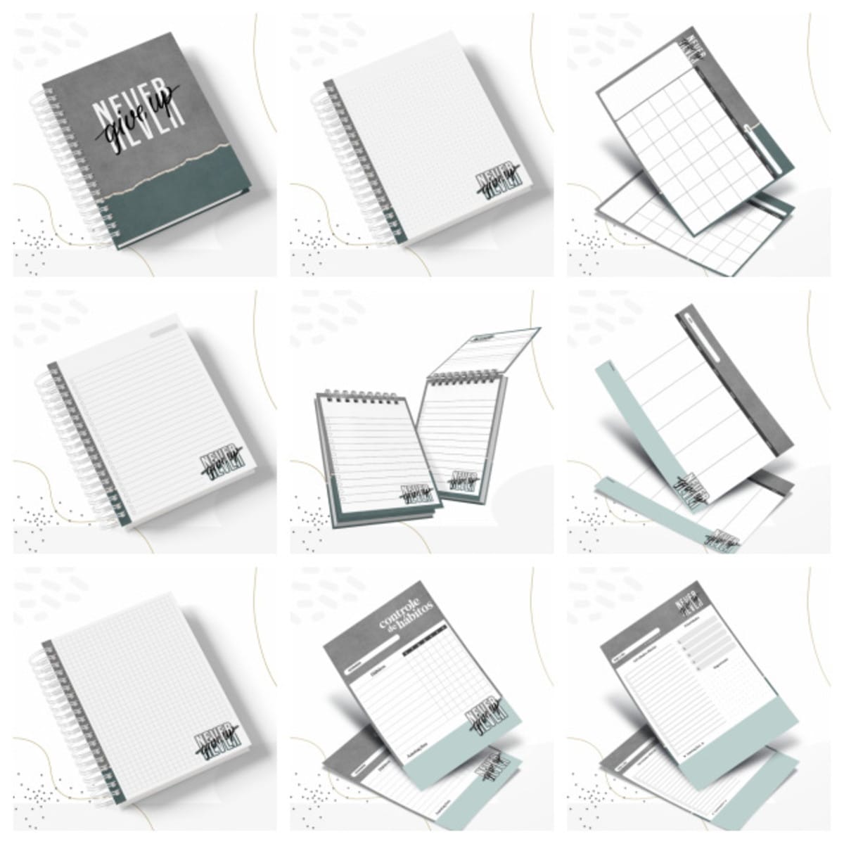Coleção Masculina Neutra Arquivo Digital de Papelaria 1 Coleção de arte digital: cadernos e planners com layouts variados para organização.
