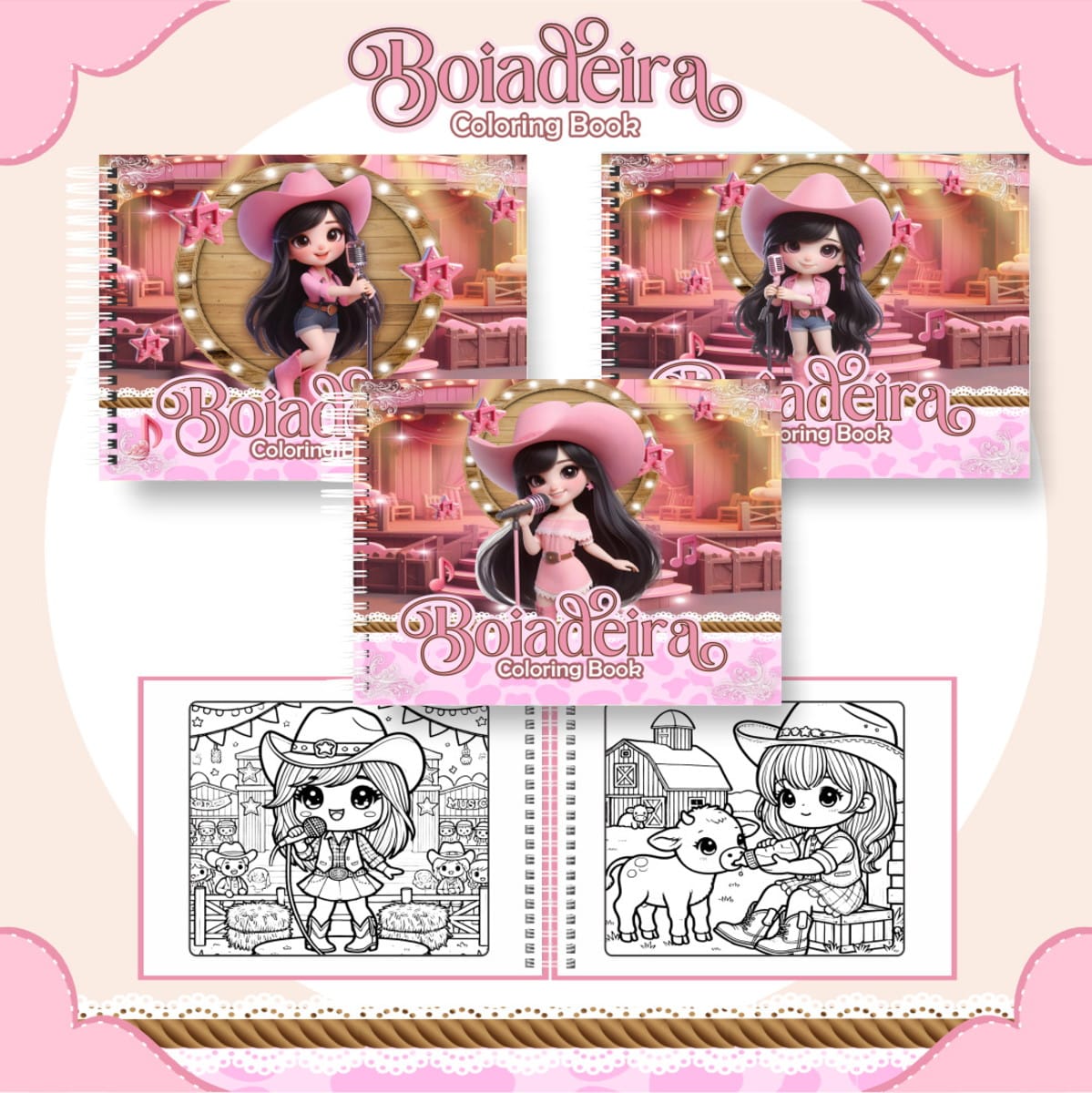 Colorindo Book Boiadeira Cute PDF para Colorir e Imprimir 1 Livros de colorir com ilustrações digitais de menina com chapéu de cowgirl rosa.