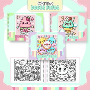 Cadernos coloridos com ilustrações fofas de doces kawaii e páginas para colorir.